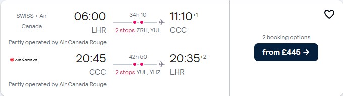 Cheap flights from London, UK to Cayo Coco or Varadero, Cuba from only £445 roundtrip with Swiss International Air Lines and Air Canada. Flight deal ticket image.