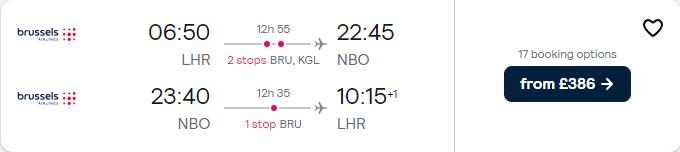 Cheap flights from UK cities to Nairobi, Kenya from only £386 roundtrip with Brussels Airlines. Flight deal ticket image.