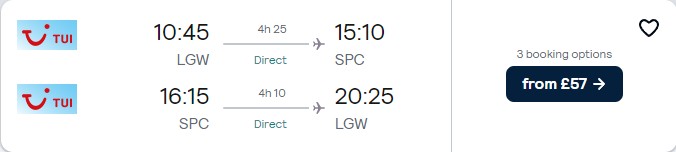 Non-stop flights from London or Manchester, UK to the Canary Islands from only £57 roundtrip. Flight deal ticket image.