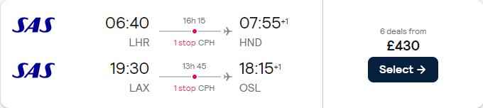 Click here to book this cheap flight deal. Double open-jaw flights from London, UK to Tokyo, Japan returning from Los Angeles, USA to Oslo, Norway for only £430 with Scandinavian Airlines. Flight deal ticket image.
