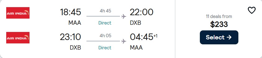 Non-stop, summer flights from Chennai, India to Dubai, UAE for only $233 USD roundtrip. Flight deal ticket image.