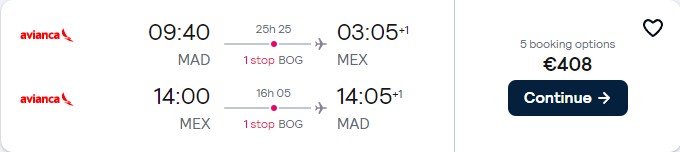 Cheap flights from Madrid, Spain to Mexico City, Mexico for only €408 roundtrip with Avianca. Flight deal ticket image.
