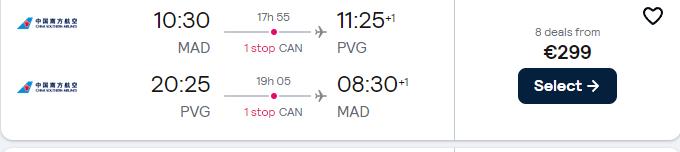 Cheap flights from Madrid, Spain to Shanghai, China for only €299 roundtrip. Flight deal ticket image.