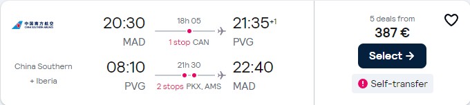 Cheap flights from European cities to Shanghai, China from only €387 roundtrip with Iberia. Flight deal ticket image.