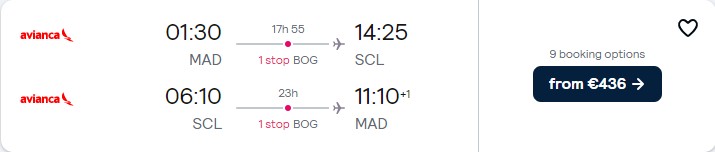 Cheap flights from Madrid, Spain to Santiago, Chile for only €436 roundtrip with Avianca. Flight deal ticket image.