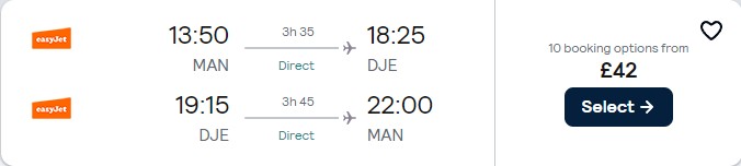 Non-stop flights from Manchester or London, UK to Djerba, Tunisia from only £42 roundtrip. Flight deal ticket image.