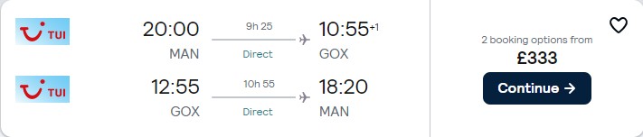 Non-stop flights from Manchester, UK to Goa, India for only £333 roundtrip. Flight deal ticket image.