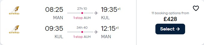 Cheap flights from Manchester or London, UK to Kuala Lumpur, Malaysia from only £428 roundtrip with Etihad Airways. Flight deal ticket image.