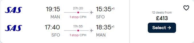 Cheap flights from Manchester, UK to San Francisco, USA for only £413 roundtrip with Scandinavian Airlines. Flight deal ticket image.