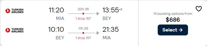 Click here to book this cheap flight deal. Cheap flights from Miami to Beirut, Lebanon for only $686 roundtrip with Turkish Airlines. Flight deal ticket image.