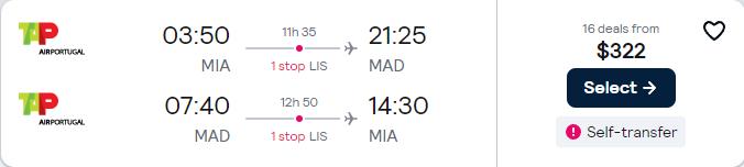 Cheap flights from Miami to European cities from only $322 roundtrip with TAP Air Portugal. Flight deal ticket image.
