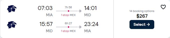 Cheap flights from Miami to Merida, Mexico for only $267 roundtrip with Aeromexico. Flight deal ticket image.