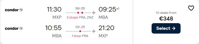 Last minute flights from Milan, Italy to Mombasa, Kenya for only €348 roundtrip. Flight deal ticket image.