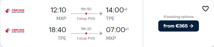 Cheap flights from Milan or Rome, Italy to Taipei, Taiwan from only €365 roundtrip. Flight deal ticket image.