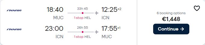 Business Class flights from Munich, Germany to Seoul, South Korea for only €1450 roundtrip with Finnair. Flight deal ticket image.
