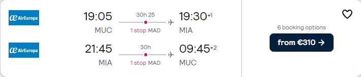Cheap flights from European cities to Miami, USA from only €310 roundtrip with Air Europa. Flight deal ticket image.
