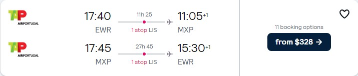 Cheap flights from New York to Milan, Italy for only $328 roundtrip with TAP Air Portugal. Flight deal ticket image.