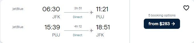 Non-stop flights from New York to the Dominican Republic for only $283 roundtrip with JetBlue. Flight deal ticket image.