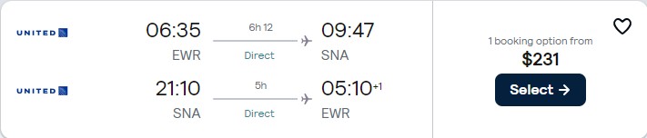 Non-stop flights from New York to Santa Ana, California for only $231 roundtrip with United Airlines. Also works in reverse. Flight deal ticket image.