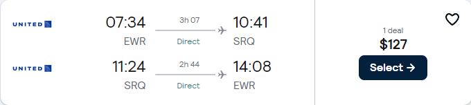 Non-stop flights from New York to Sarasota, Florida for only $127 roundtrip with United Airlines. Also works in reverse. Flight deal ticket image.
