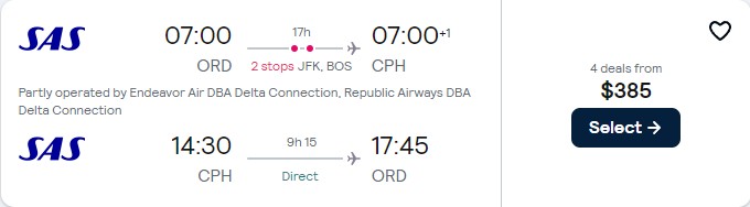 Cheap flights from Chicago to Copenhagen, Denmark for only $378 roundtrip with Scandinavian Airlines. Flight deal ticket image.