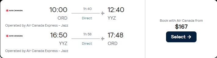 Non-stop flights from Chicago to Toronto, Canada for only $167 roundtrip with United Airlines. Flight deal ticket image.