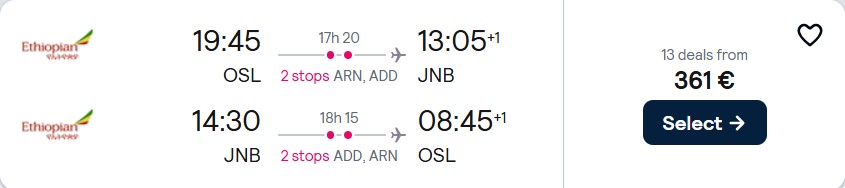 Cheap flights from Oslo, Norway to Johannesburg, South Africa for only €361 roundtrip. Flight deal ticket image.