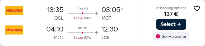 Cheap flights from Oslo, Norway to Muscat, Oman for only €137 roundtrip. Flight deal ticket image.