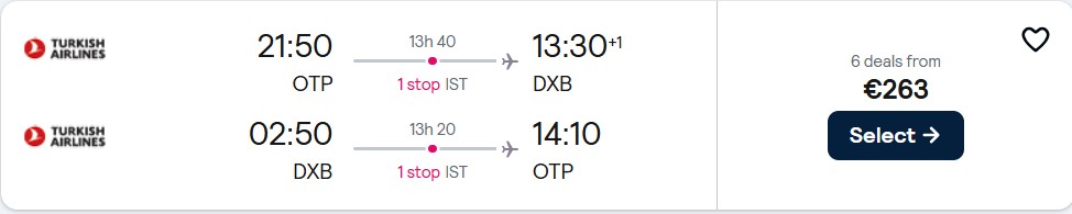 Click here to book this cheap flight deal. Cheap flights from Bucharest, Romania to Dubai, UAE for only €263 roundtrip with Turkish Airlines. Flight deal ticket image.