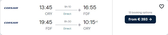 Non-stop flights from Paris, France to Martinique or Guadeloupe from only €393 roundtrip. Flight deal ticket image.