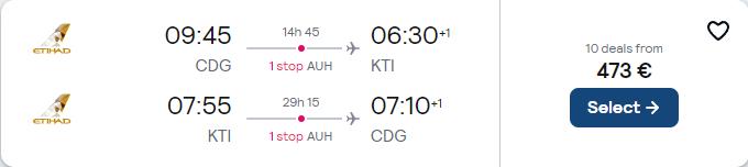 Click here to book this cheap flight deal. Cheap flights from Paris, France to for only €473 roundtrip with Etihad Airways. Flight deal ticket image.