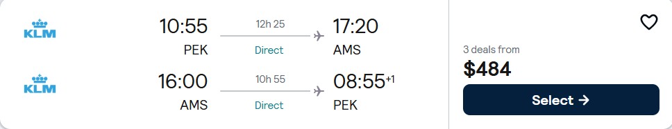 Click here to book this cheap flight deal. Non-stop flights from Beijing, China to Amsterdam, Netherlands for only $484 USD roundtrip with KLM. Flight deal ticket image.