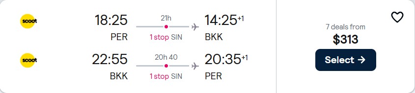 Cheap flights from Perth, Australia to Bangkok, Thailand for only $313 AUD roundtrip. Flight deal ticket image.
