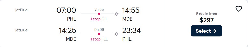Cheap flights from Philadelphia to Medellin, Colombia for only $297 roundtrip with JetBlue. Flight deal ticket image.