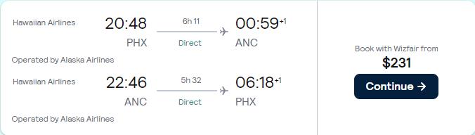 Non-stop flights from Phoenix, Arizona to Anchorage, Alaska for only $231 roundtrip with Alaska Airlines. Also works in reverse. Flight deal ticket image.