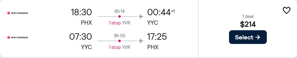 Cheap flights from US cities to Calgary, Canada from only $214 roundtrip with Air Canada. Flight deal ticket image.