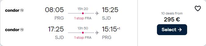 Cheap flights from Prague, Czech Republic to San Jose del Cabo, Mexico for only €295 roundtrip. Flight deal ticket image.