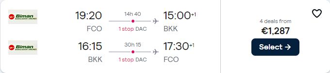 Business Class flights from Rome, Italy to Bangkok, Thailand for only €1287 roundtrip. Flight deal ticket image.