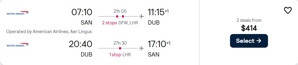 Click here to book this cheap flight deal. Cheap flights from San Diego to Dublin, Ireland for only $414 roundtrip with American Airlines, British Airways and Aer Lingus. Flight deal ticket image.