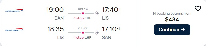 Click here to book this cheap flight deal. Cheap flights from San Diego or Seattle to Lisbon or Porto, Portugal from only $434 roundtrip with British Airways. Flight deal ticket image.