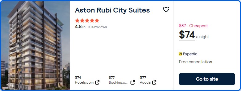 Click here to book this cheap flight deal. Stay at the 5* Aston Rubi City Suites in Santo Domingo, Dominican Republic for only $74 USD per night. Flight deal ticket image.