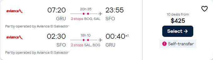 Click here to book this cheap flight deal. Cheap flights from Sao Paulo, Brazil to San Francisco, USA for only $425 USD roundtrip with Avianca. Flight deal ticket image.