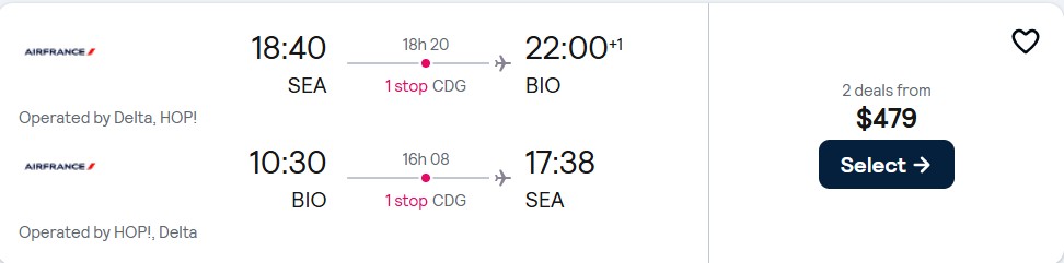 Click here to book this cheap flight deal. Cheap flights from Seattle to Bilbao, Spain for only $479 roundtrip with Delta Air Lines and Air France. Flight deal ticket image.