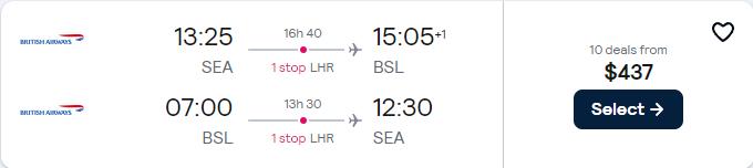 Cheap flights from Seattle to Basel, Switzerland for only $437 roundtrip with British Airways. Flight deal ticket image.