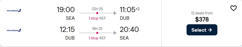 Cheap flights from Seattle to European cities from only $378 roundtrip. Flight deal ticket image.