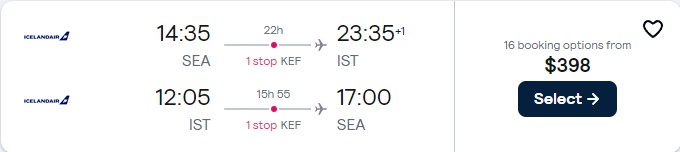 Cheap flights from Seattle to Istanbul, Turkey for only $398 roundtrip. Flight deal ticket image.