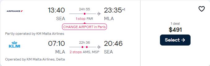 Cheap flights from Seattle to Malta for only $491 roundtrip with Air France and Delta Air Lines. Flight deal ticket image.