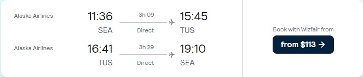 Non-stop flights from Seattle to Tucson, Arizona for only $113 roundtrip with Alaska Airlines. Also works in reverse. Flight deal ticket image.