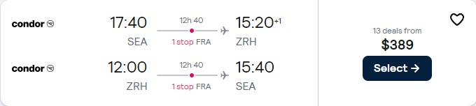Cheap flights from Seattle to Zurich or Geneva, Switzerland from only $389 roundtrip. Flight deal ticket image.