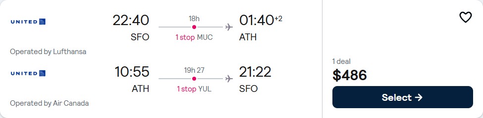Click here to book this cheap flight deal. Cheap flights from San Francisco to Athens, Greece for only $486 roundtrip with Lufthansa and Air Canada. Flight deal ticket image.